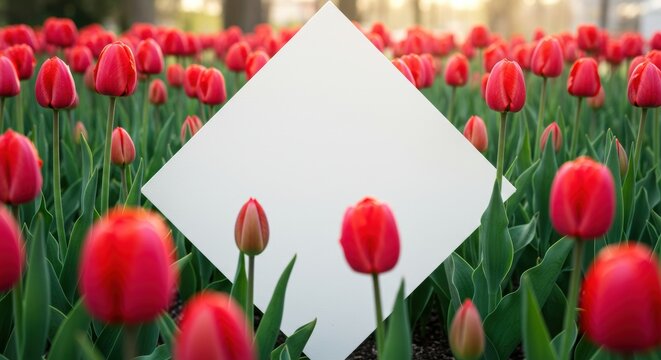 Red tulips field with blank diamond shaped sign perfect for spring announcements and floral designs