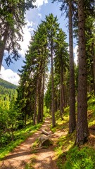 Sunny path through a dense forest