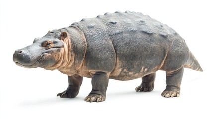 Fototapeta premium A realistic, sculpted model of a hippopotamus stands on a white surface. The hippo is dark gray with a textured, bumpy hide. It has a broad snout, small eyes, and a wide mouth. Its legs are short 