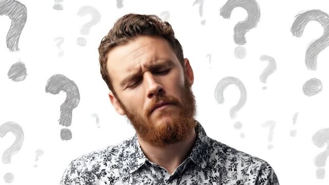 Thoughtful man with a beard pondering questions against a white background with question marks
