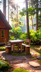 Obraz premium Sunny patio area with wooden furniture