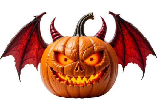 Dragon Pumpkin PNG with Glowing Face, Wings & Horns Halloween Fantasy Jack-o'-Lantern on Transparent Background Spooky Creature Prop for Mythical & Festive Themes