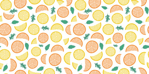 Citrus slices and leaves. Seamless pattern of fruits, oranges, and lemons. Cut in half. Ingredient for juice and a healthy vitamin drink. Vector flat color illustration on a white isolated background.