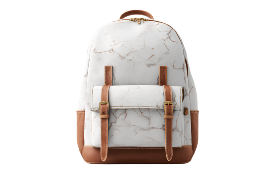  a white backpack with brown trim and a marble pattern, no background, transparent 