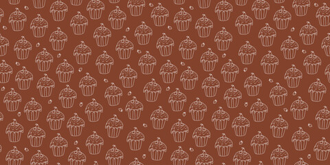 Food, dessert. Sweet pastries. Seamless pattern. Confectionery, baked goods, symbol. Cafe. Cake, cupcake, berries. Cherry, strawberry. Drawing, sketch, doodle. Repeating background, wallpaper.
