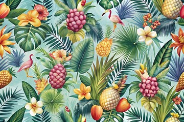 Fototapeta premium Vibrant tropical paradise pattern with pineapples and exotic flowers
