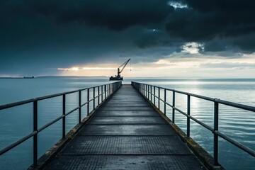 Fototapeta premium Wooden pier extends into the ocean under a dramatic stormy sky