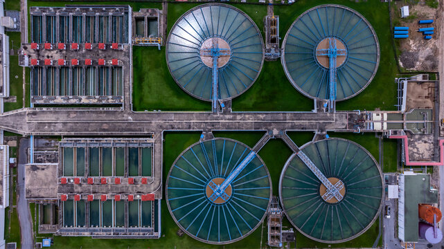 Aerial view circular clarifier tank at wastewater treatment plant, Industrial infrastructure, Environment technology sustainable water management system, Sedimentation tank circular clarifier.