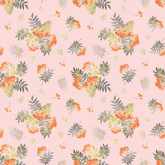 Rowan watercolor seamless pattern hand drawn. Ornament with red berries and green leaves. Template for design of fabrics, textiles, wrapping paper, labels