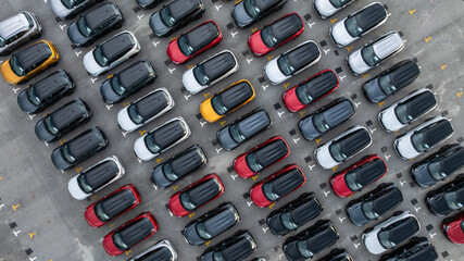 Aerial view car for sale stock lot row, Cars dealership inventory distribution automobile and...