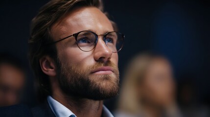 A man in glasses listens with deep concent n during a business presentation or seminar