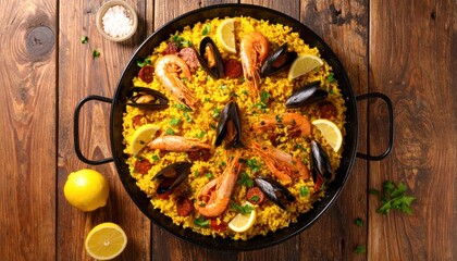 Spanish Paella with Shrimp with Mussels, and and Chorizo on Wood Table.
