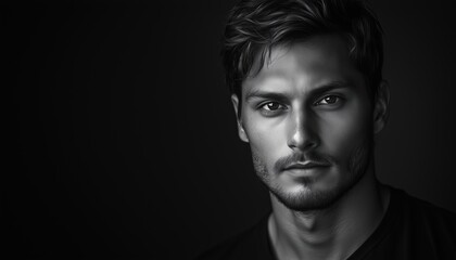 Serious Young Man In Black-And-White Portrait, Gazing Confidently At Camera.