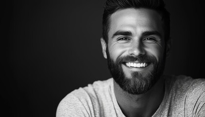 Obraz premium Attractive Young Caucasian Man With Big Smile In Black And White Studio Portrait Exudes Happy And Positive Vibe.