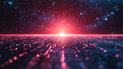 A captivating digital landscape showcasing vibrant particles and cosmic elements converging towards a radiant center.