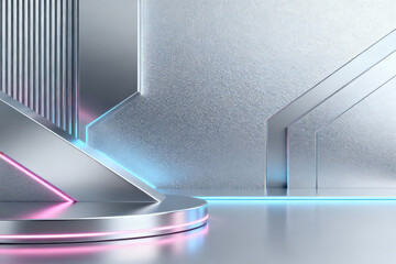 A 3D, minimalist, and premium product display with black and chrome geometric shapes and vibrant pink and blue neon lights. It's a futuristic website presentation.