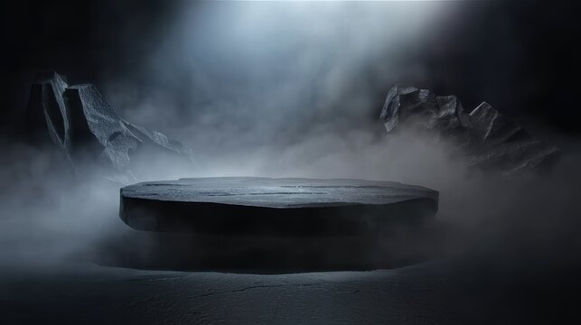 Podium black dark smoke background with product platform abstract stage texture and fog spotlight, ideal for dramatic displays and dark style designs
