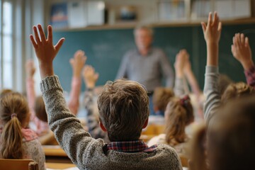 In a classroom, children raise their hands to speak in front of their teacher