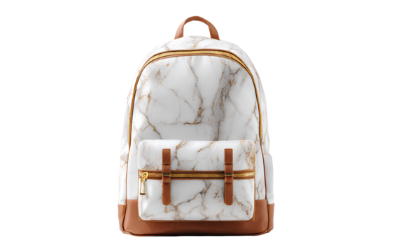  a white backpack with brown trim and a marble pattern, no background, transparent