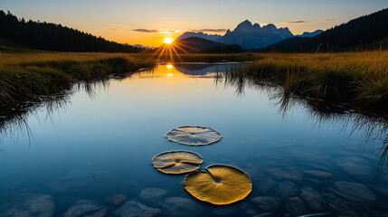 a breathtaking mountain landscape at sunrise with a lake and water lily pads in the foreground - generative ai