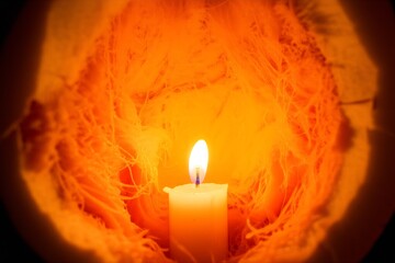 Close-up view inside a carved jack-o-lantern, revealing the rough texture of pumpkin walls, dangling strings of pulp, and the flickering flame of a candle.