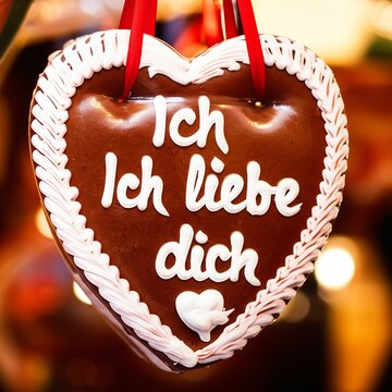 Lebkuchenherz gingerbread heart necklace featuring the German phrase Ich liebe dich (I love you) or Spatzl (sweetheart), a sweet token of affection.