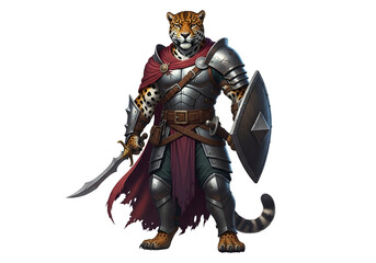 Fototapeta premium A powerful jaguar warrior stands ready with sword and shield, showcasing detailed armor and a regal cape.