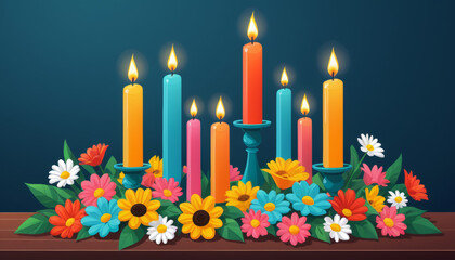 Colorful candle arrangement with flowers, festive decor for celebrations and special occasions.