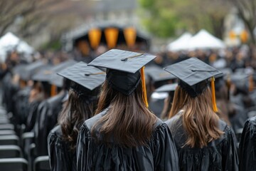 celebration, a group of students wearing black gowns and caps, attending a graduation ceremony outdoors, viewed from behind.