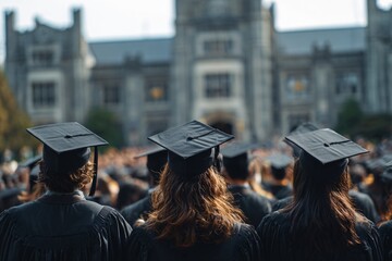 celebration, a group of students wearing black gowns and caps, attending a graduation ceremony outdoors, viewed from behind.