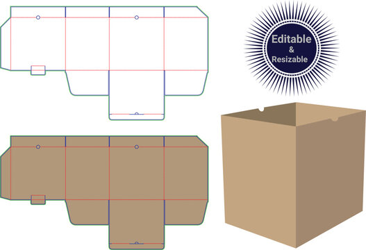 Cube packaging box template and 3D render die cut.