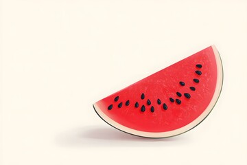 Minimalist vector illustration of a single juicy slice of watermelon with bright red flesh and black seeds, placed on a clean white background with large copy space above.