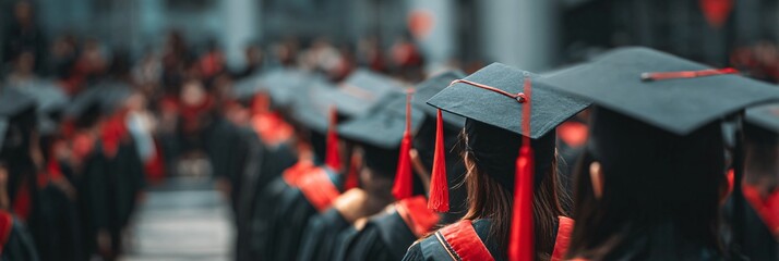 a group of students wearing black gowns and caps, attending a graduation ceremony outdoors, viewed from behind.