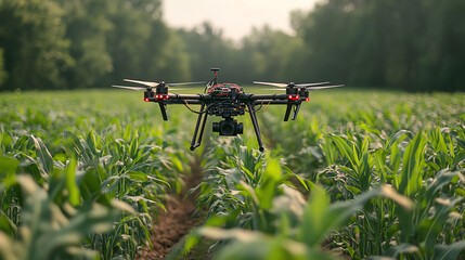 A high-tech drone flying over a lush green cornfield, showcasing modern agriculture and innovation in farming.
