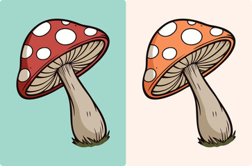 Cartoon Mushroom Illustration Set – Red and Orange Spotted Fungi Vector Art.