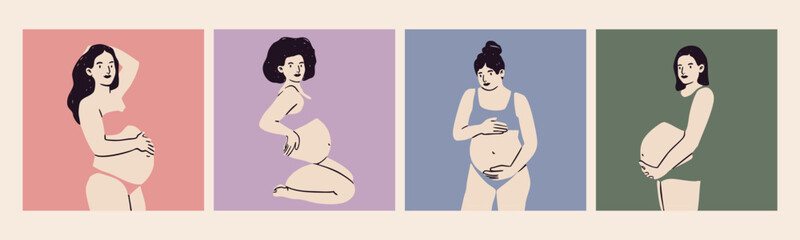Pregnant women in various poses. Ladies in underwear holding their belly. Cute isolated characters. Hand drawn Vector illustration. Future mothers, pregnancy concept. Square cards