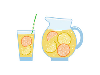 Jug of lemon and orange juice, drinking glass. Natural lemonade in a glass pitcher, a healthy refreshing drink with fruit and citrus slices. Healthy food. Vector illustration, isolated background.