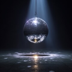 Obraz premium A solitary disco ball hanging under a dramatic spotlight in a dark room, casting reflections on the floor.