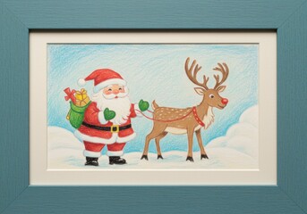 Fototapeta premium Santa and Reindeer Christmas Illustration in Teal Frame