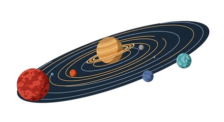 Illustration of a solar system with planets orbiting a central star, showcasing Saturn with its rings.