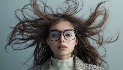 Woman In Shock With Hair Standing On End, Wearing Glasses And Green Coat Over White Shirt - A Striking Image Of Surprise.