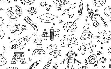 Hand drawn seamless pattern vector with school accessories and supplies sketch