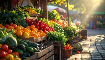 World Food Day , Colorful assortment of fresh produce displayed at an outdoor market stall, with sunlight filtering through trees.