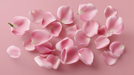 Fototapeta premium A collection of delicate pink rose petals scattered gracefully on a soft pink background, creating a serene and romantic atmosphere.