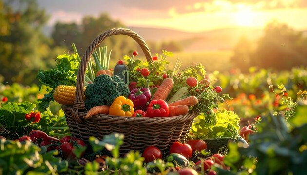 World Food Day : Wicker basket filled with fresh vegetables and fruits in a field at sunset, showcasing a bountiful harvest. - Powered by Adobe