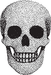 Halftone Skull Illustration – Vintage Dotwork Human Skeleton Head in Retro Grunge Style for Tattoo and Halloween Design