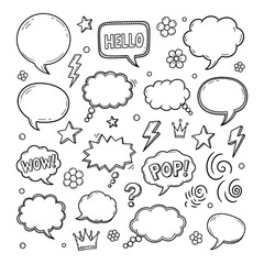 Collection of comic book speech bubbles and elements in hand-drawn style silhouette