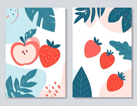 Abstract fruit posters with tropical leaves