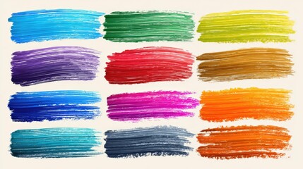 a collection of vibrant paint swatches arranged in three horizontal rows against a white background. each row contains four distinct colors, with each color having its own swatch
