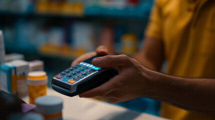 A pharmacy worker processes a card payment for an Asian customer hyper realistic POS visuals with glowing digits moody shadows on pill boxes bright saturation in health products